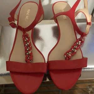 Nine West Red leather 2” open toe heels